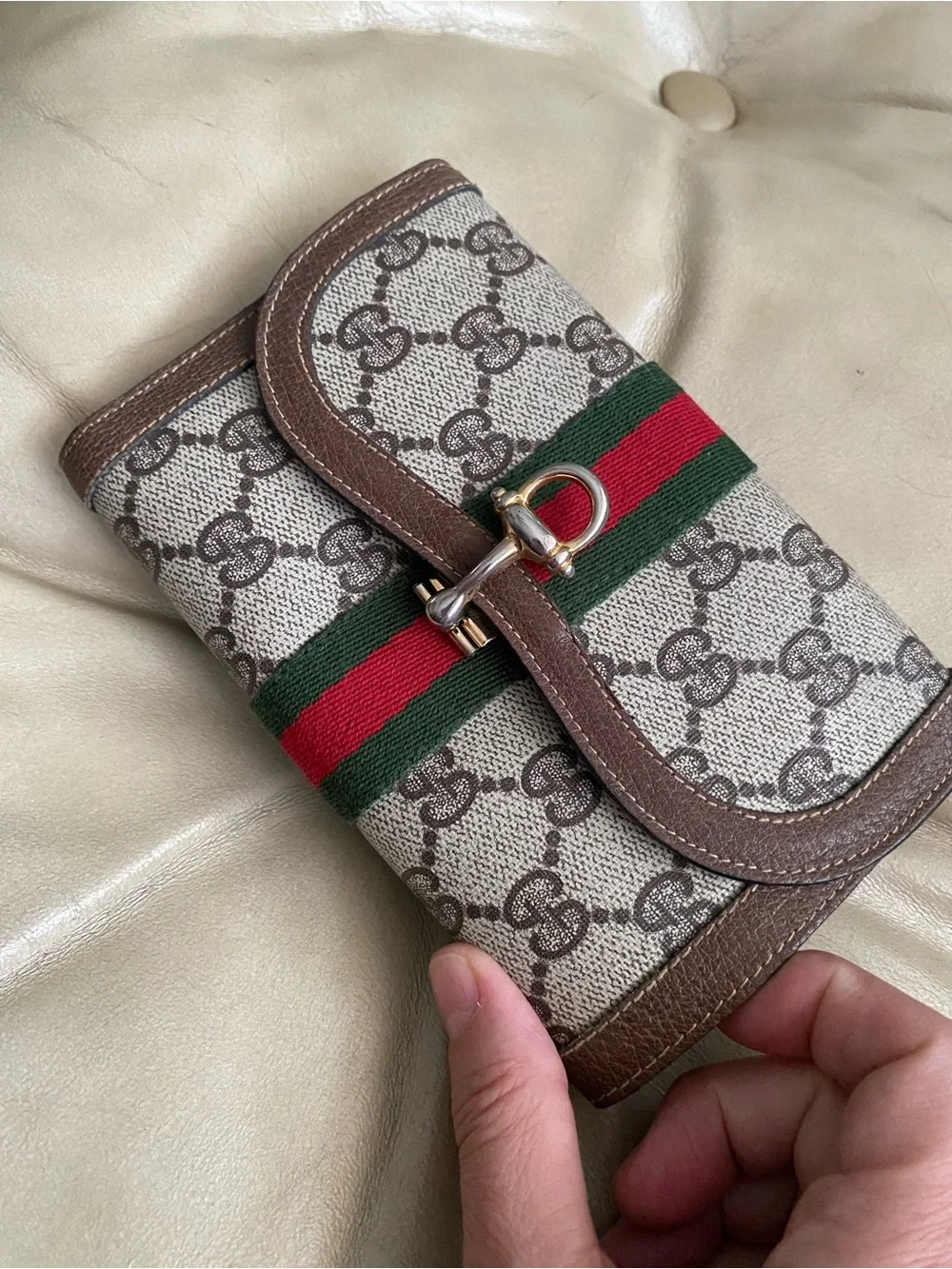 Vintage GUCCI Clutch Wallet Horsebit Clasp GG Leather Web Stripe Kisslock Coin - Picture 2 of 12
